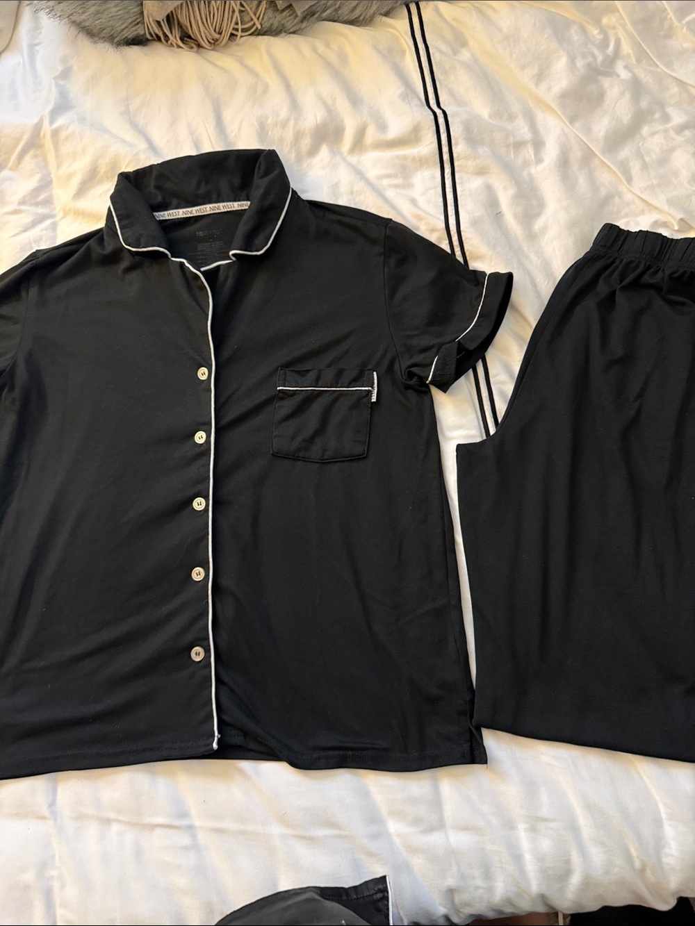 Nine West Black Button-Front Pajama Top with White Piping